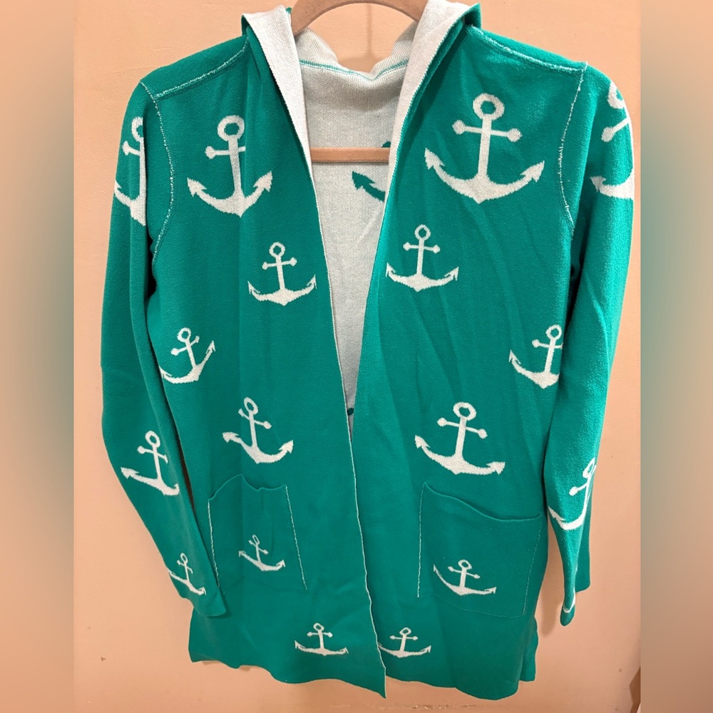 Belle by Kim Gravel Yachtical Reversible Open Knit Cardigan Green/White Womens S - Picture 2 of 9